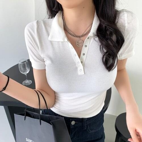Summer New Short Sleeve T-Shirt Tight polo collar Womens T-Shirt Short Style T-Shirt