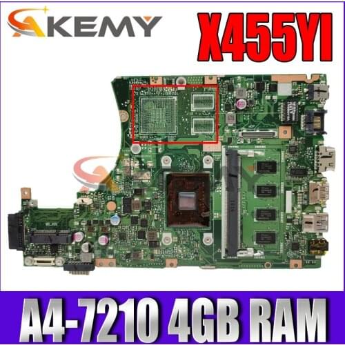 X455YI motherboard with A4-7210 CPU 4GB RAM For Asus X455YI X455Y X455DG X455D laptop motherboard X455YI mainboard test 100% ok