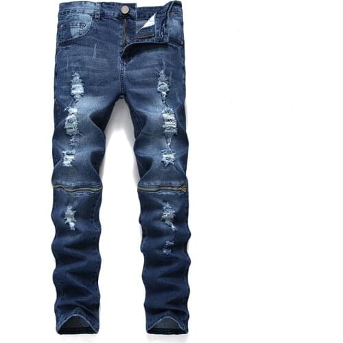 Gersri Fashion Ripped Jeans Men With Holes Denim Zipper Slim Fit Jean Pants Scratched Hip Hop Elastic Jeans Dropshipping
