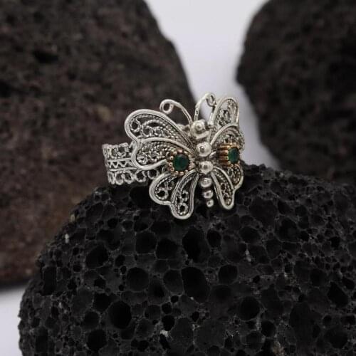 Original 925 Silver Emerald Filigree Ring Inlaid Assyrian Turkish Special Adjustable Finger Width Women Jewelry Butterfly Green