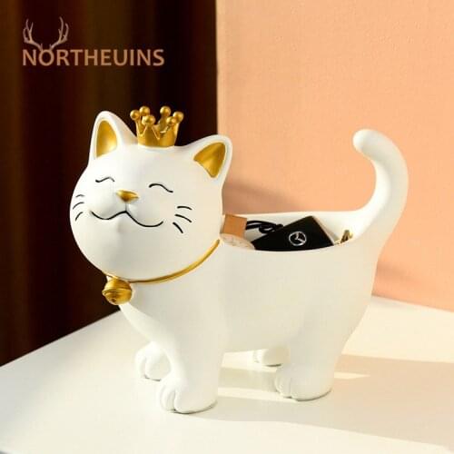 NORTHEUINS Resin Nordic Lucky Cat Storage Box Modern Room Decoration Accessories Creative Gift Statue For Friends Desktop Decor