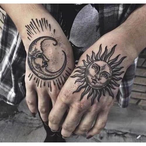 Dark Series Sun And Moon Hand Fake Tattoo Stickers For Men Women Waterproof Temporary Tattos Body Art Arm Tatoos
