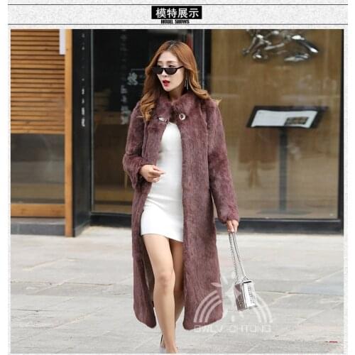 Genuine real natural rabbit fur coat with diamond hook women fashion long jacket stand collar ladies warm overcoat 5 color