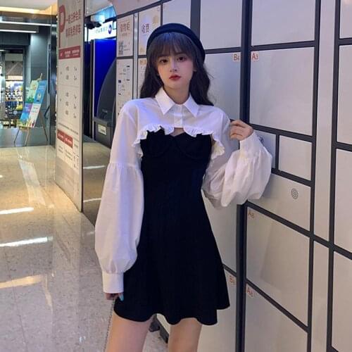 Autumn 2020 new lantern sleeve short loose long sleeve shirt skirt with shoulder strap two-piece womens clothing