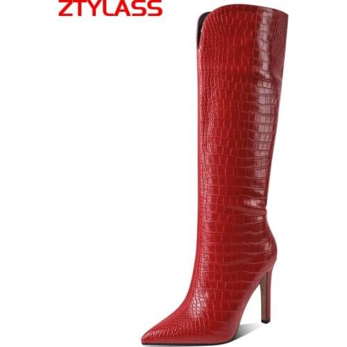 Women Boots Faxu Leather Knee High Boots Fashion High Heel Long Boots Slip On Pointed Toe Autumn Winter Boots Shoes Black