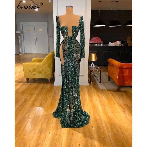 Luxury Crystals Green Evening Dresses With Long Sleeves Beading Prom Dresses Transparent Celebrity Gowns Vestidos De Fiesta