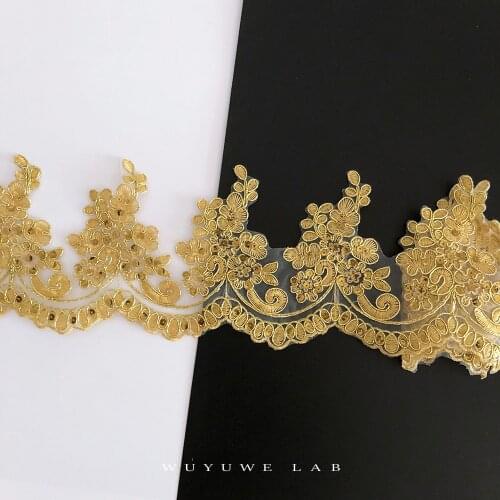 1yard Gold Mesh Sequins Lace Trims Applique Trimming Luxury Embroidery Lace Fabric For Sewing Wedding Dresses Craft Material