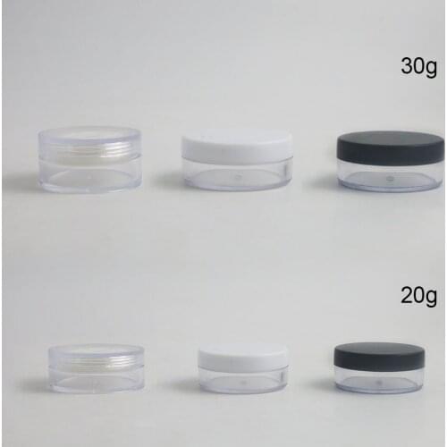 20pcs Travel 20g 30g 1oz round plastic clear cosmetic loose power jars cute makeup jar pot with black clear white lid and puff