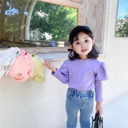 2021 Spring Korean Style Toddler Girls Puff Sleeve T-shirt Tops Cotton Outfit Candy Color O-Neck Bottoming Shirt For 1-7Years