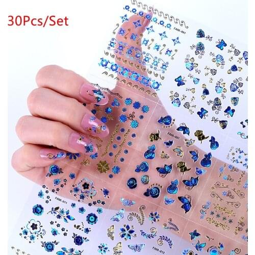 30 Sheets 3D Gold Blue Decals Hot Stamping Nail Art Stickers Nail Art Design Bling Shinning Butterfly Self Adhesive Nail Tattoos
