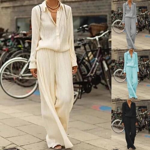 Two-Piece Suit Single Breasted Long sleeve Shirts All Match Solid Color High Waist Bloomers Ladies Outfit Suit for Office