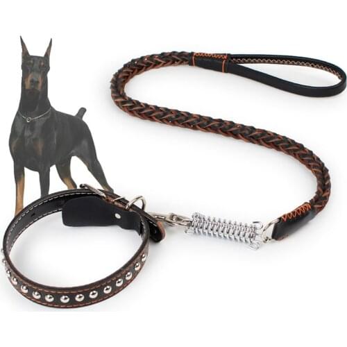 Leather Dog Collar and Leash Set for Large Dogs Heavy Duty Dog Training Lead Anti-Pull for Shock Absorption Medium Dog Leash