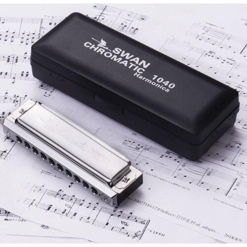 Swan Chromatic Harmonica 10 Holes 40 Tones Key of C Harmonica Silver with Exquisite Box