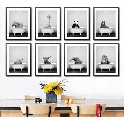 Cute Abstract Animals In The Bathtub Posters Elephant Lion Panda Giraffe Wall Art Canvas Painting Picture Kids Room Home Decor