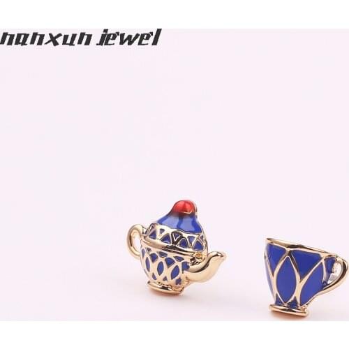 New Hot enamel Cute fine blue teapot cups stud earrings elegant top quality coffee cups earring sweet accessories for lady women