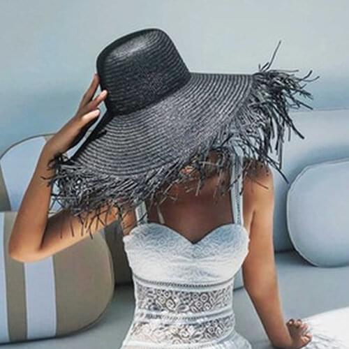Women Oversized Hat Lager Brim 13-20cm Tassel Beach Hats Foldable Sun Shade Visor Cap ladies White Black Paper Straw Caps