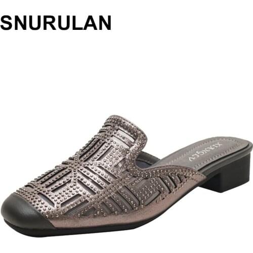 SNURULAN Net surface rhinestone drag 2021 summer personalized slippers womens outer wear thick heel sandals with Baotou