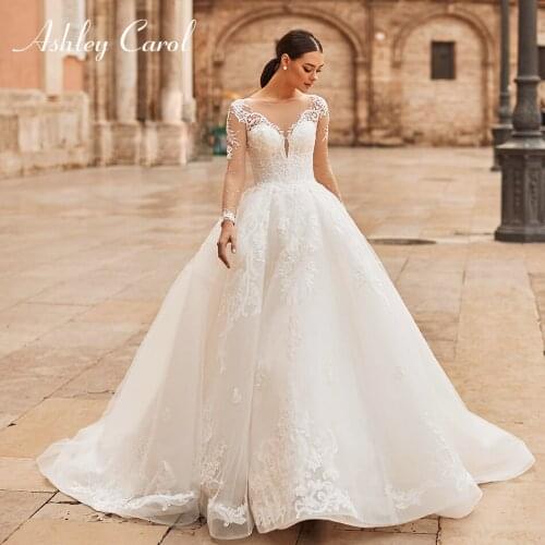 Ashley Carol A-Line Wedding Dress 2021 Crystal Long Sleeve Princess Bride V-Neck Beaded Appliques Lace Up Vintage Bridal Gowns