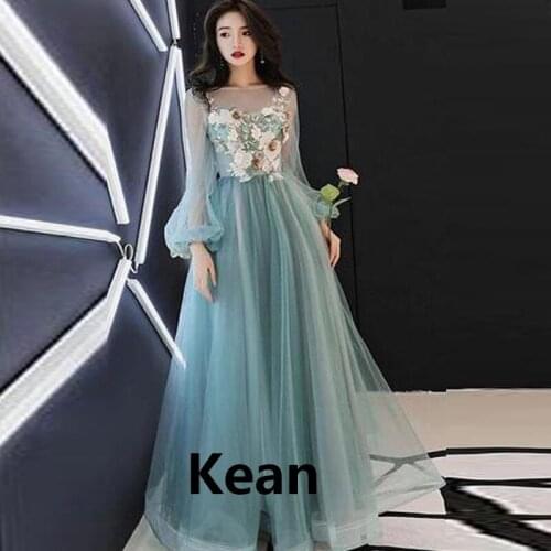 Mint Green Evening Dress Puff Sleeve Illusion Special Occasion Party robe soiree Islamic Dubai Kaftan Saudi Arabic Prom Dress