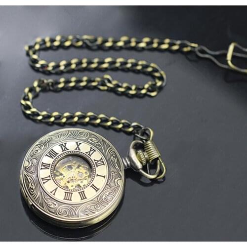 Unisex Vintage Hollow Carved Roman Numerals Case Mechanical Pocket Watch Gift