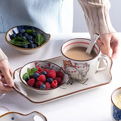 Japanese tableware one person eating ceramics creative hand painted breakfast plate bowl spoon cup set combination household