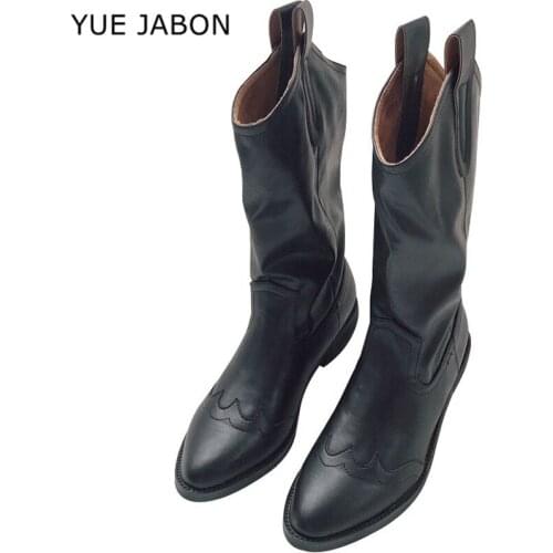 YUE JABON Western Boots Women Autumn Winter Slip On Solid Color Boots Pointy Toe Cowboy Cowgirl Motorcycle Boots for Female