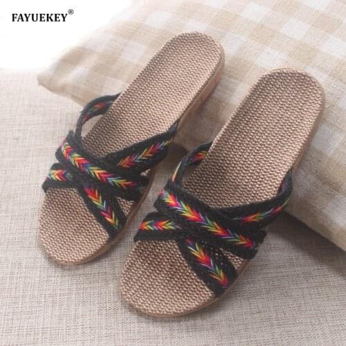 FAYUEKEY Women Summer Home Linen Breathable Slippers Indoor Floor Beach Bedroom Flax Unisex Slides Sandals Flat Shoes Size 35-45
