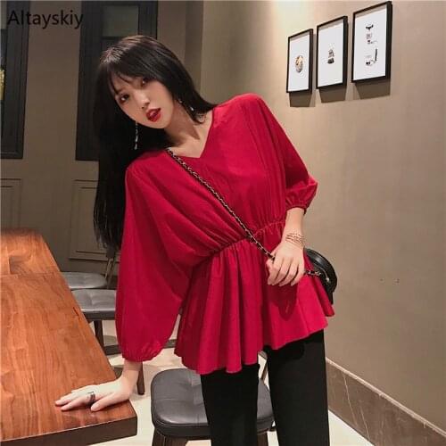 Shirts Women 2020 Spring and Summer Korean Style Loose All-match Daily Comfortable Womens V-Neck Nine Quarter Sleeves Chiffon