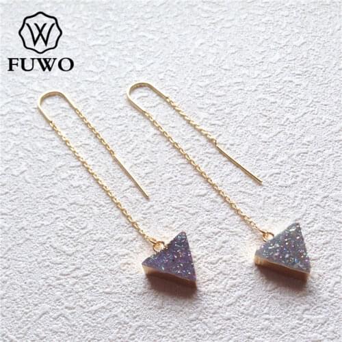 FUWO Triangle Druzy Threader Earrings With Gold Brass Plated Minimalist Design Natural Quartz Jewelry For Women ER027