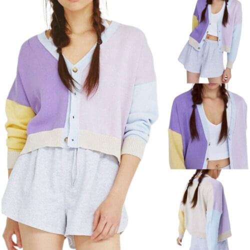 Womens Casual Long Sleeve Cardigan Vintage Contrast Color Single-breasted Knitted Swearter Spring Autumn