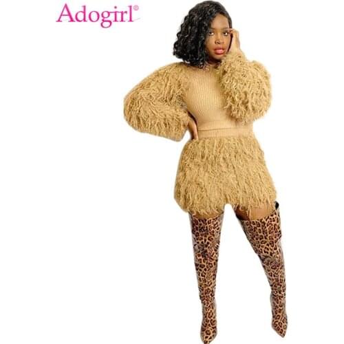 Adogirl Women Fashion Sweater Two Piece Set Fringed Fluff Suit Long Sleeve Ribbed Crop Top + Shorts Warm Autumn Winter Outfits