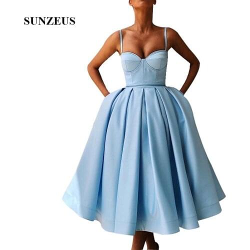Tea Length Evening Dresses 2019 Sky Blue Satin Women Party Gowns Spaghetti Straps Sweetheart Elegant Formal Robe