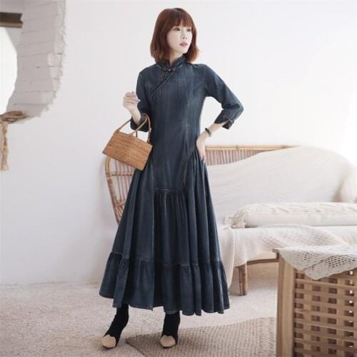 Women‘s Denim Cheongsam Dress QZ302 Spring Three Quarter Sleeve a-Line Blue Women Vestido Elegant Vintage Denim Dresses