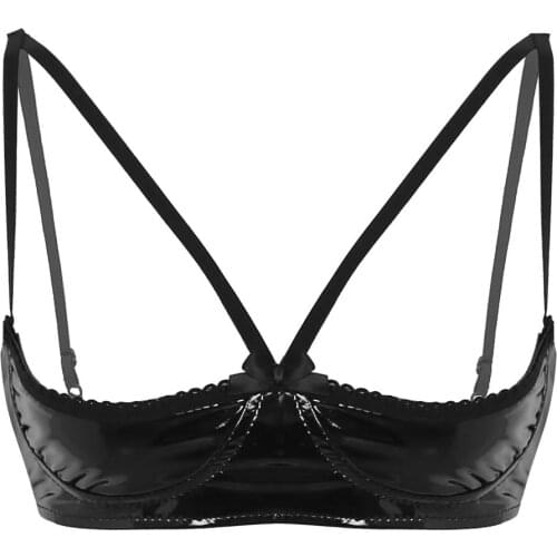 Womens Lingerie Faux Leather Bra for Women Sexy Bra Soft Sheer Adjustable Spaghetti Straps Lingerie Wire-free Unlined Bra