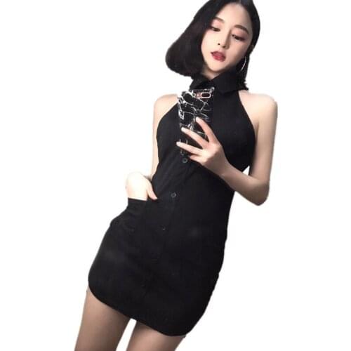 B2413 new style spring 2020 women fashion sweet temperament slim figure exposed shoulder lapel dress cheap wholesale