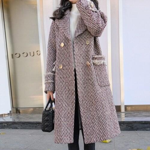 Retro Houndstooth Woolen Coat Women Double-breasted Thicken Warm Autumn Winter Long Coats Female Tassels Loose Overcoats 2020