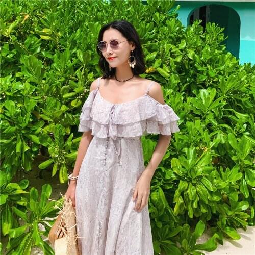 Fashion Summer Sexy Backless Slash Neck Dress Women Boho Chiffon Beach Dress Ladies Vintage Elegant Party Dresses Mesh Vestidos