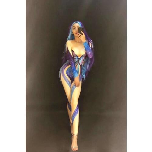 2020 Women New Shiny Print Blue Butterfly Rhinestone Jumpsuit Sparkly Sexy Party Stage Wear Costume Singer Stage Dance Outfit
