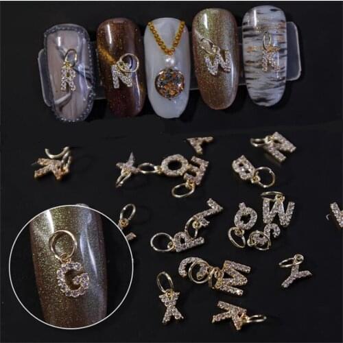 26 Letters Zircon Nail Art Charms Pierced Alphabet Dangle Letter 26Pcs Jewelry Set A-Z Gold Alphabet Metal Nail Decorations