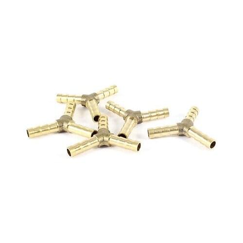 5pcs 6mm Hose Y Shape 3 Ways Air Gas Brass Barb Fitting Connector Gold Tone