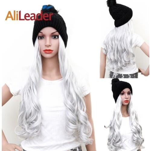 Alileader 22" Hair wigs Navy Hat Wig Silver/Natural Black Heat Resistant Synthetic Wig With Elastic Knit Cap Body Wave Hair Wig