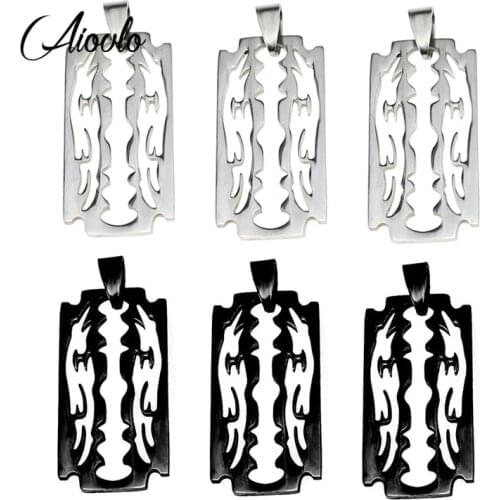 Aiovlo Stainless Steel Black Razor Blades Floating Charms Pendant Men Jewelry Steel Male Shaver Shape for DIY Necklaces