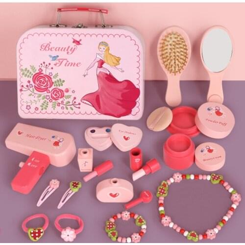 Wooden Pretend Play Simulation Cosmetic Makeup Handbag Set Toys For Girls Children Educational Toys Birthday Gift Iron Box Pink