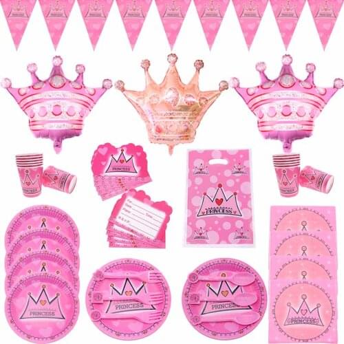 Pink Princess Crown Theme Disposable Tableware Set Plates Napkins Straws Cup Baby Shower Birthday Party Decoration Supplies