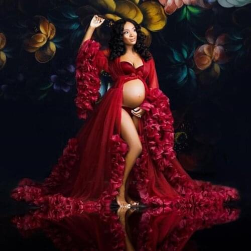 Beautiful Wine Red Pregnant Woman Dresses To Photo Shoots Flare Sleeves See Thru Long Tulle Robe Bridal Shower Night Dress