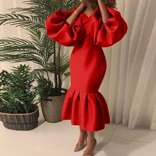 Elegant Solid Lantern Long Sleeve Club Party Dress Office Lady Sexy V Neck Long Dress Women Spring Autumn Pleated Bodycon Dress