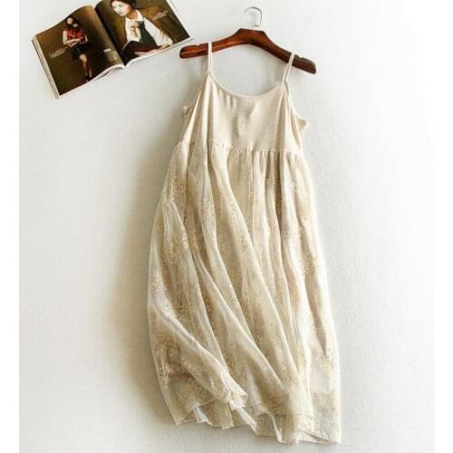 FairyNatural Women Summer Lace Embroidery Modal Dresses Patchwork Basic Spaghetti Strap Layers Summer Mini Dress Mori Girl