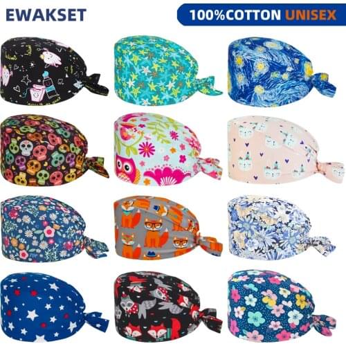 Unisex Surgicals Caps 100% Cotton Cats Printing Chef Nurse Nursing Hat Lab Pet Shop Chef Working Anime Scrub Cap Women Wholesale