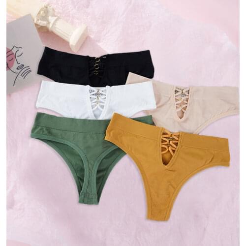 Cotton Women Hollow Out Thong Panties Underwear Seamless Briefs Low Waist T-shaped Solid Color Panties High Elasticity