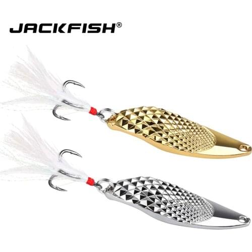 JACKFISH Metal Spoon Lure 10G/15G/20G Silver/Gold Spoon Fishing Lure With Feather Metal Hard Baits Fly Fishing Tackle